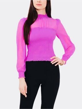 Part of AUCTION TONIGHT AT 7:30pm Sheer Yoke Smocked Blouse in Bright Fuchsia